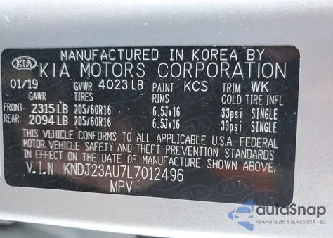 2020 Kia Soul Lx z USA, uszkodzony, nr VIN KNDJ23AU7L7012496